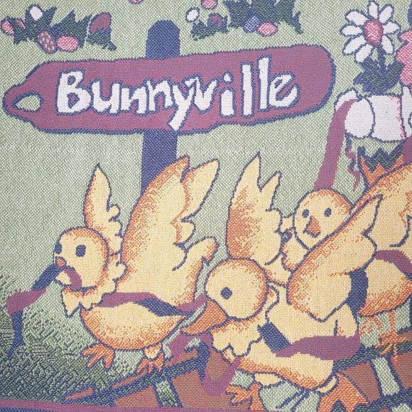Vintage Tapestry Throw Blanket Easter Spring Bunnys Rabbits Chicks Large 72 x 48